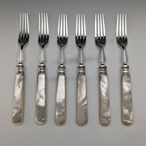 1880年英國古董白色蝴蝶貝殼手柄甜品餐具6對套裝William Batt and Sons木盒